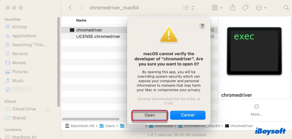 Click Open to confirm you want to open the app from an unverified developer on Mac