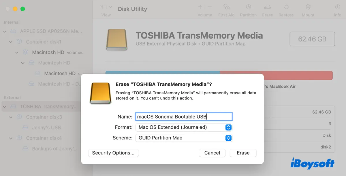 Format external drive to create a bootable macOS Sonoma installer