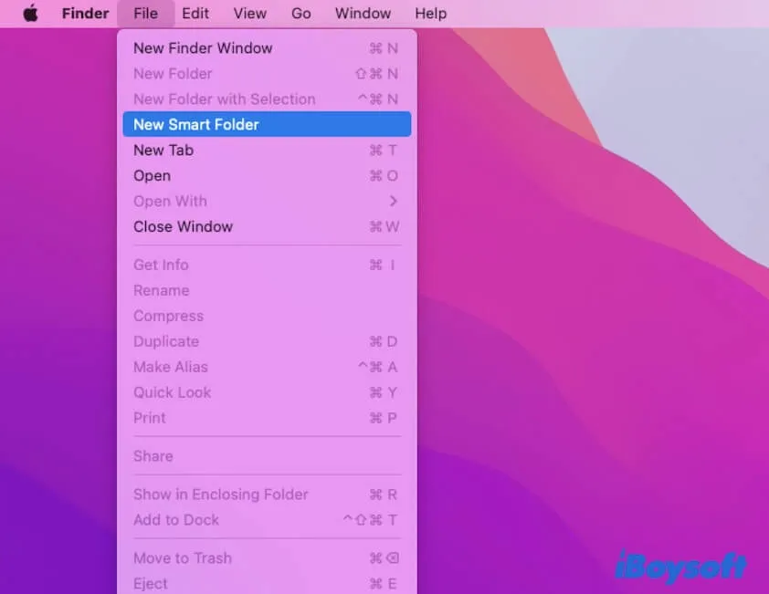 choose New Smart Folder in File menu in Finder 