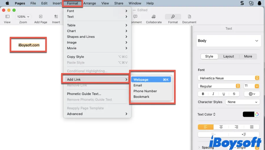 add hyperlinks to your Pages document