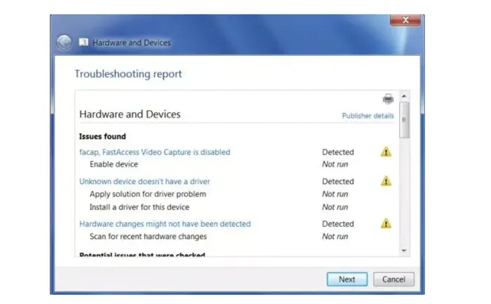 Windows Hardware and Devices Troubleshooting report