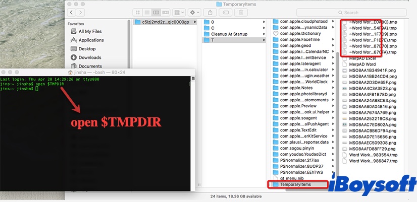 ターミナルを使用して一時ファイルを開く方法のデモ