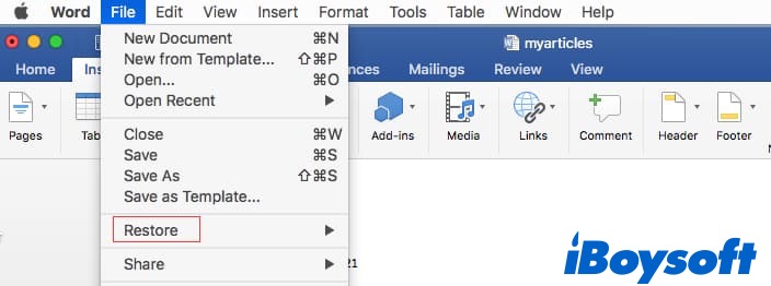 ファイル、次にリストアを選択してWordの以前のバージョンを回復する