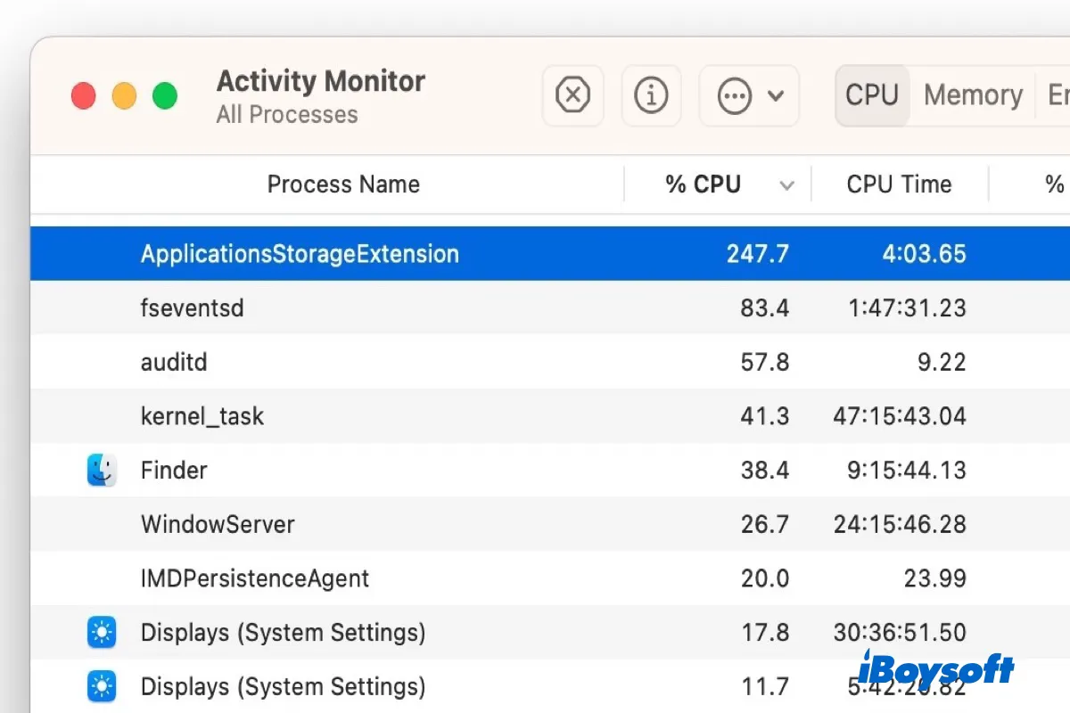 alto consumo de CPU de applicationsstorageextension en Mac