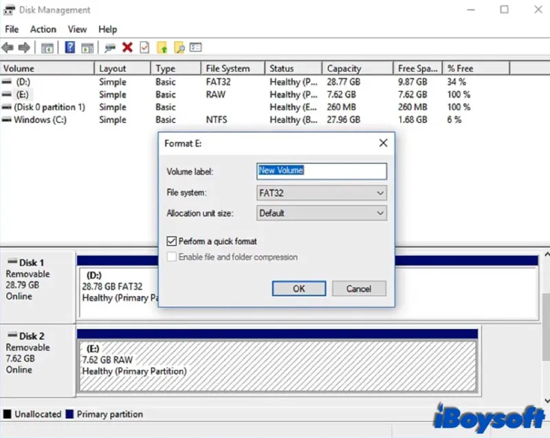 format RAW drive with Disk Management