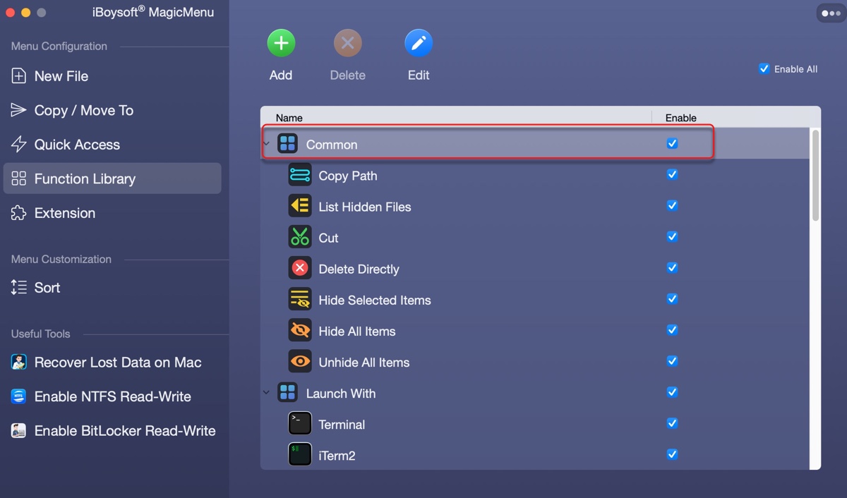 Gemeinsames Kontextmenü auf Mac