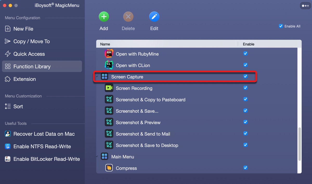 Bildschirmaufnahmekontextmenü auf Mac hinzufügen