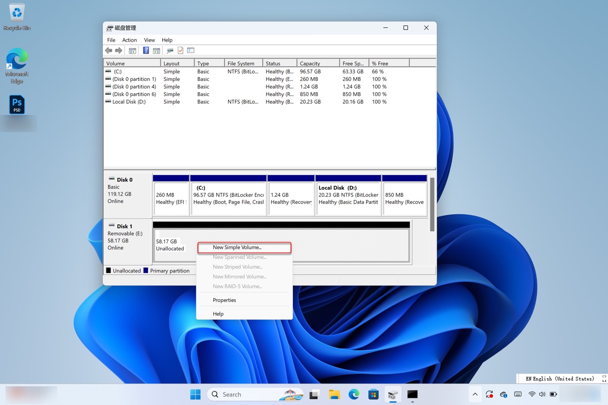 Criar um novo volume simples no Windows