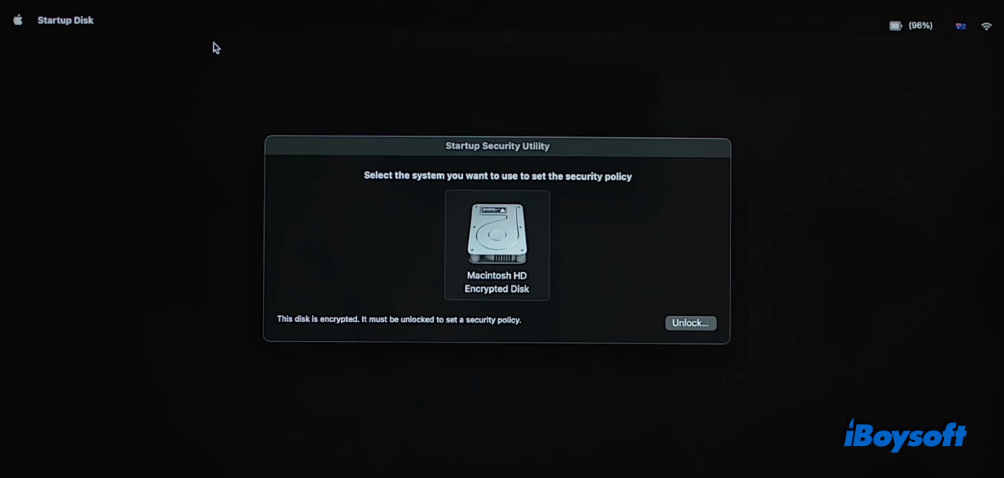 M1 Macで起動セキュリティを設定するシステムを選択する