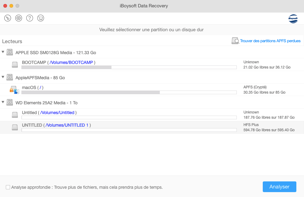 Sélectionner le lecteur désiré dans iBoysoft Data Recovery for Mac