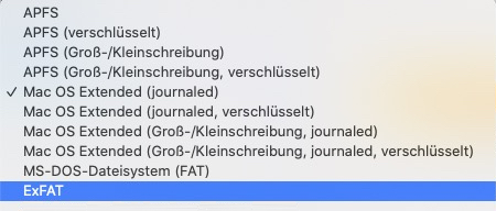Wählen Sie ein Dateisystem zum Formatieren des externen Laufwerks Mac