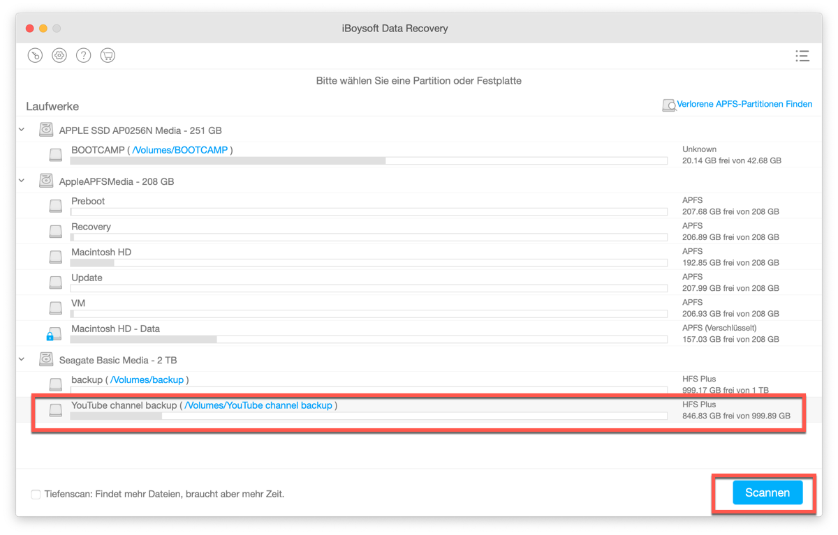 Wiederherstellen verlorener Daten nach Beschädigung der Partitionskarte mit iBoysoft Data Recovery für Mac