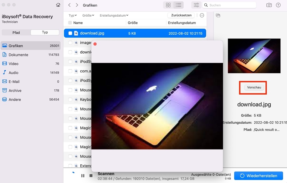 Vorschau der gefundenen Dateien in Software iBoysoft Data Recovery for Mac 