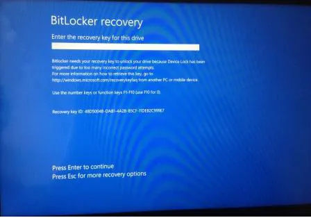 Pantalla de recuperación de BitLocker - presione Esc