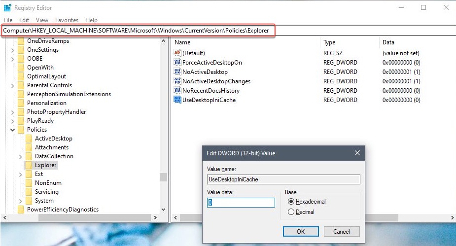 create a new DWORD value called UseDesktopIniCache