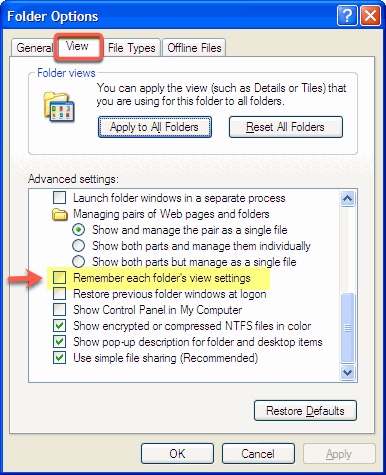 the Remember each folders view settings