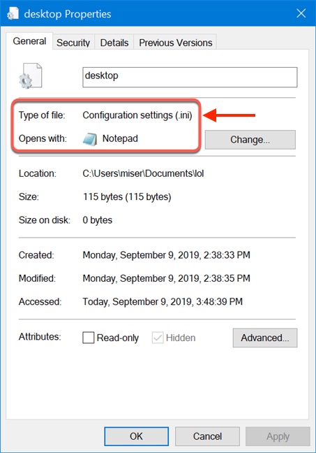 properties of desktop ini file