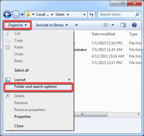 folder and search options
