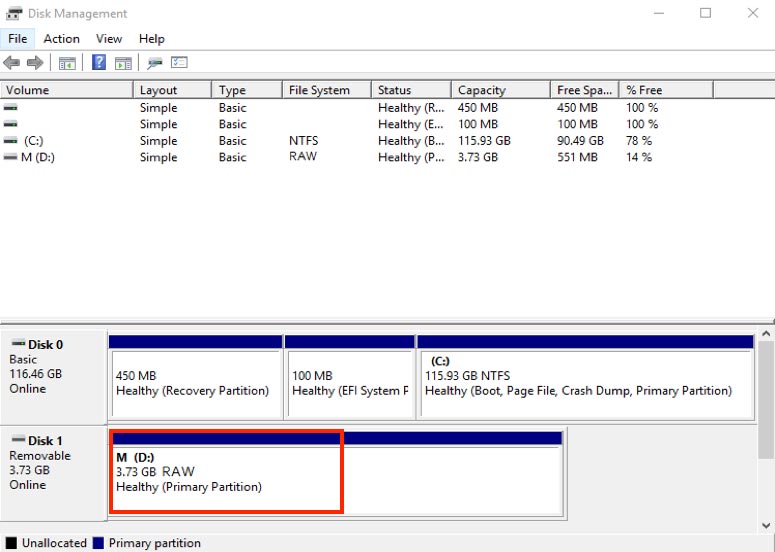 disk shows RAW in Disk Management