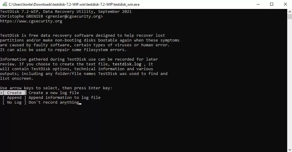 Create a new log file in TestDisk
