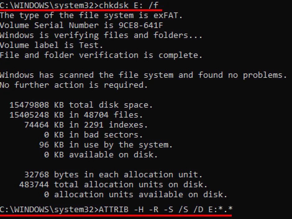 recuperar datos perdidos de unidades flash USB con CMD