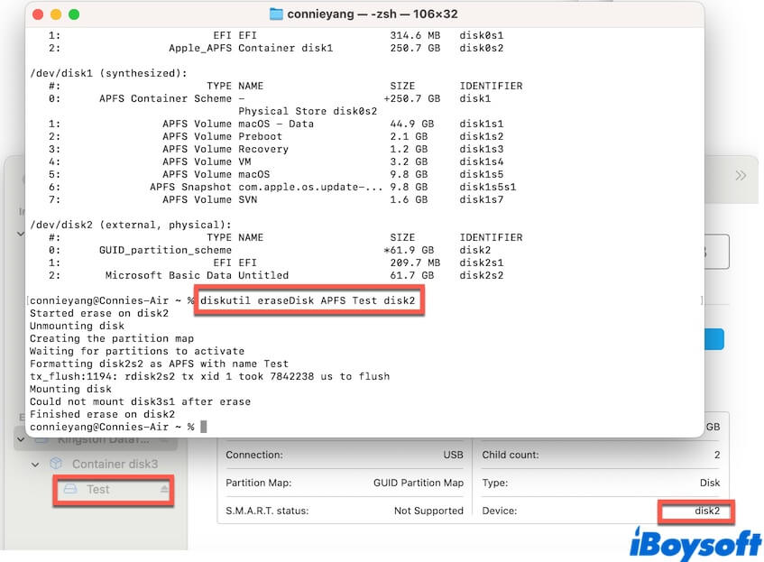 effacer le disque externe avec Terminal