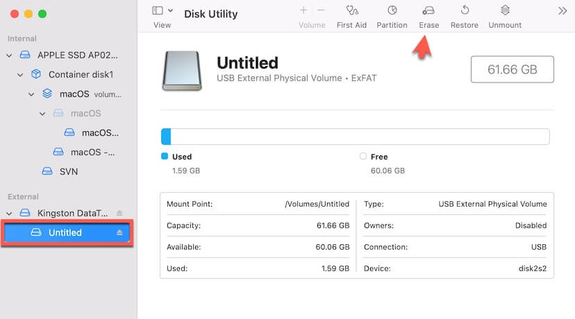 effacer le volume et non le disque entier sur Mac