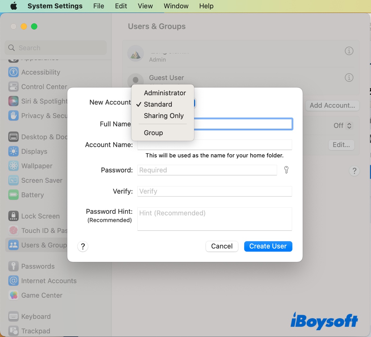 Create a new user account on macOS Ventura
