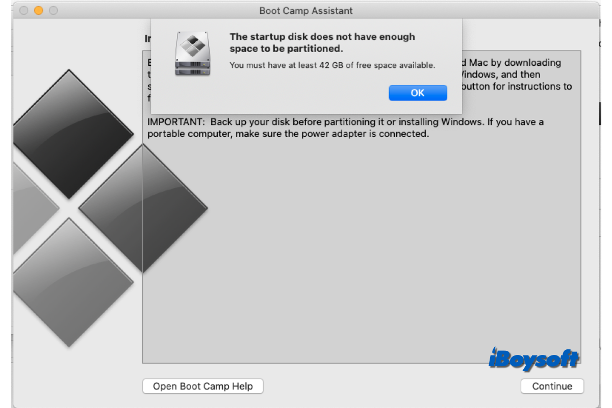 bootcamp says not enough space on startup disk but there is