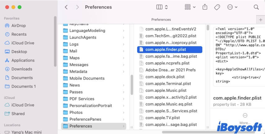 supprimer le fichier Finder PLIST