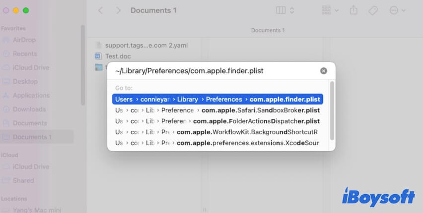 entrer le chemin du fichier Finder PLIST