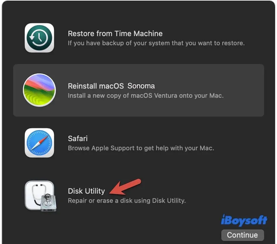 Sélectionnez l'Utilitaire de disque en mode Récupération macOS