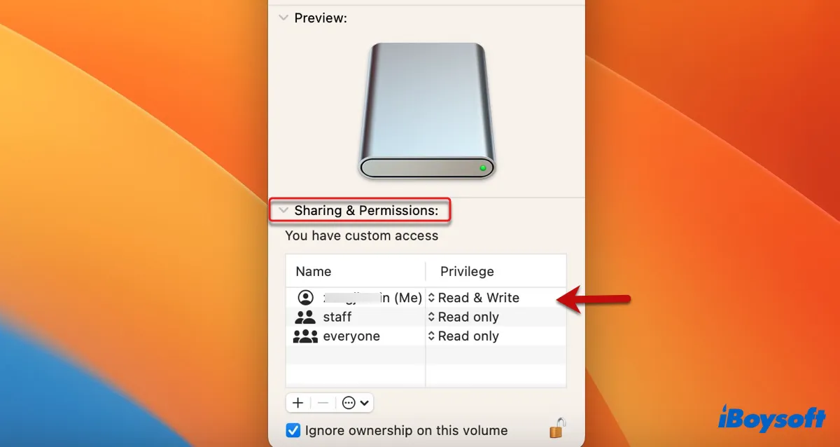 Überprüfen Sie die Berechtigungen Ihrer externen Festplatte auf Mac