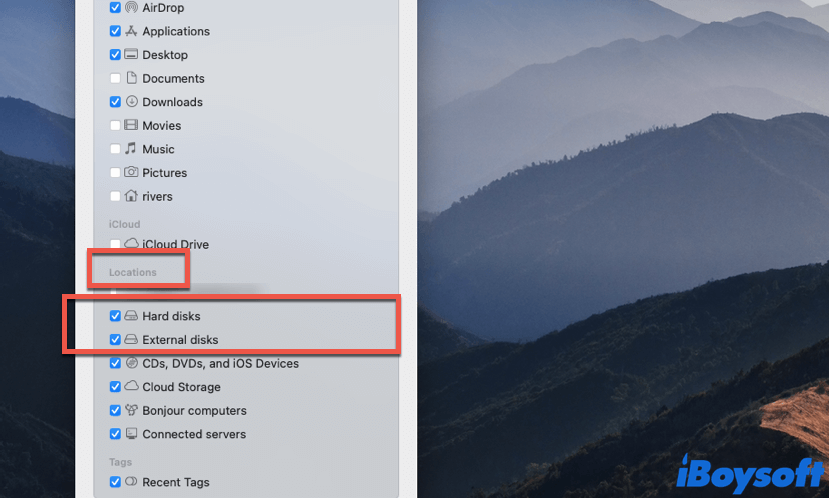 show hard disks and external disks in Finder sidebar