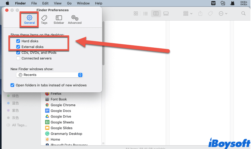 show hard disks and external disks on the desktop