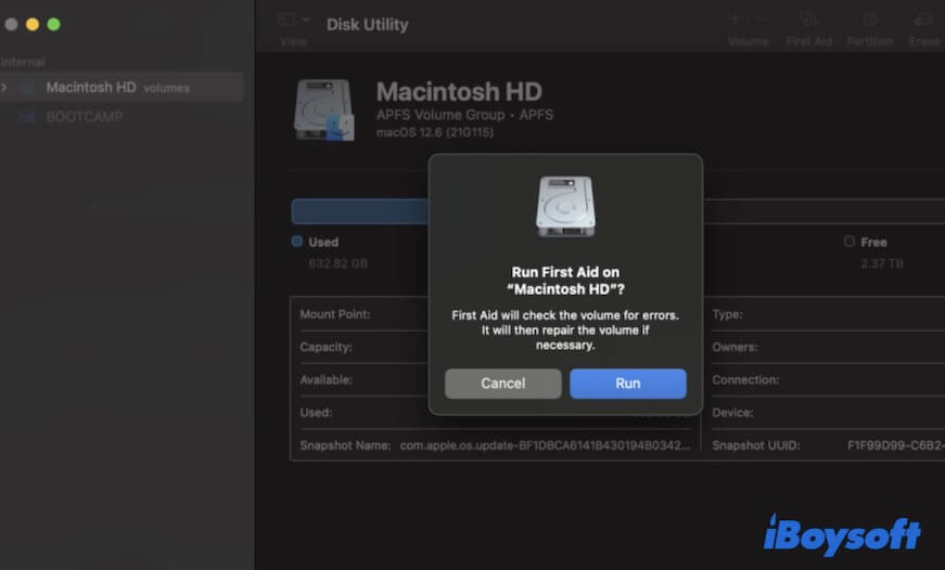 execute o First Aid para verificar o Macintosh HD