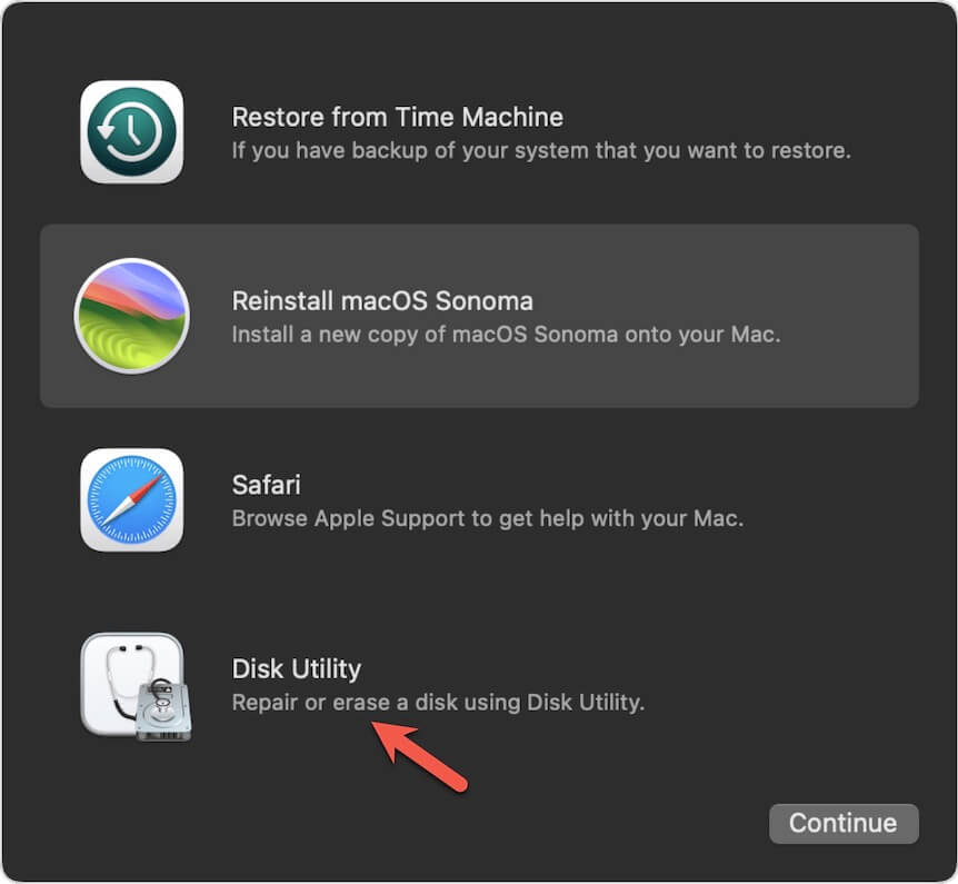 Festplattendienstprogramm im macOS Recovery Mode auswählen