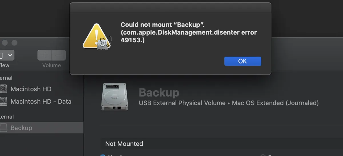 com apple DiskManagement disenter error 49153 en Utilidad de Discos