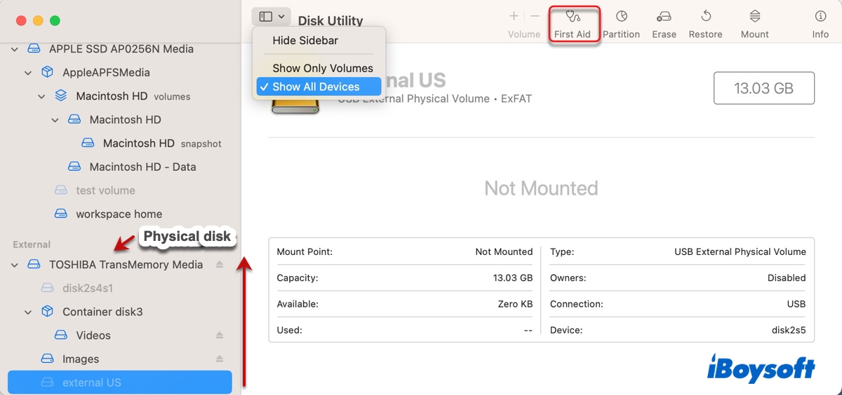 Repair unmountable external drive on Mac using Disk Utility