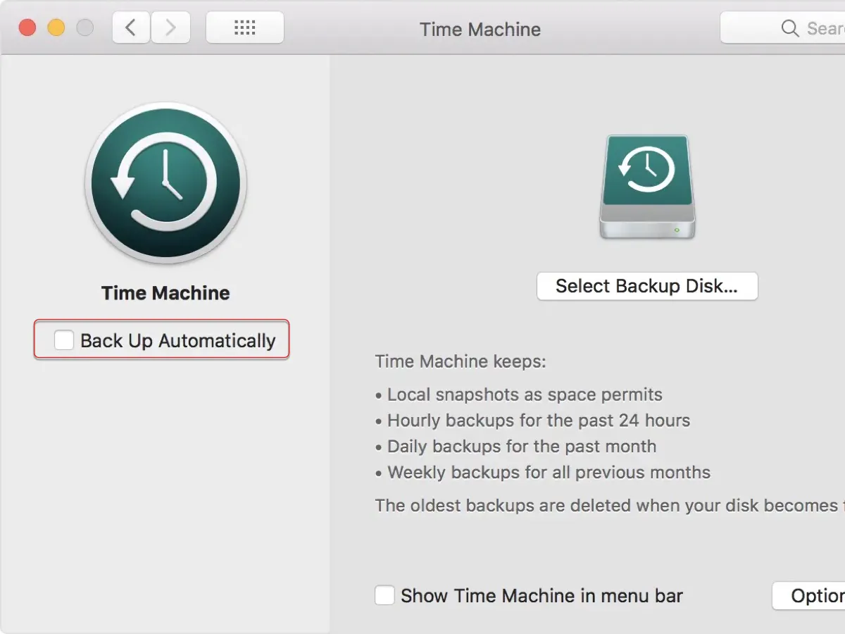Desligar o Time Machine no macOS Monterey ou anterior