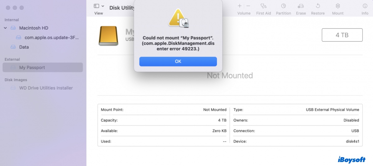 Lendo o erro com apple DiskManagement disenter 49223