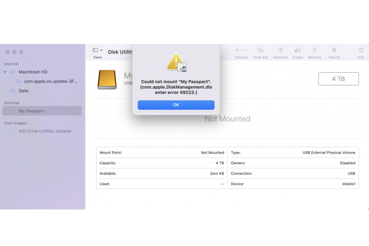 Corrigir erro com apple DiskManagement disenter 49223