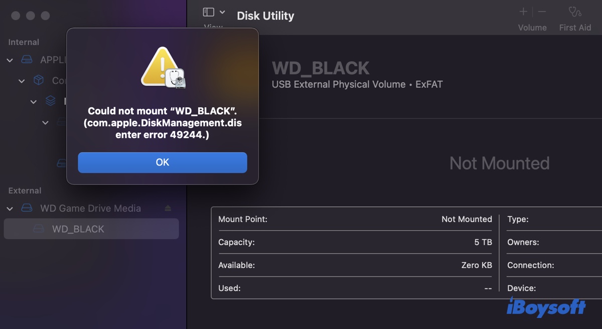 Der com.apple.DiskManagement disenter Fehler 49244 im Festplattendienstprogramm