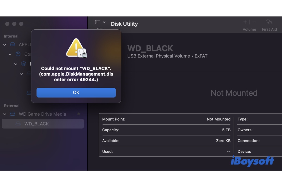 Beheben Sie den com.apple.DiskManagement.disenter Fehler 49244 auf Mac