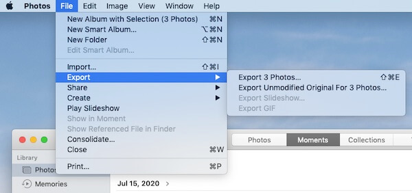 Selecionar a opção Exportar no menu do Photos
