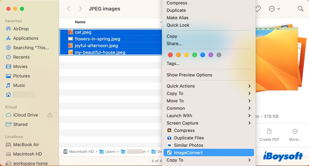 Haz clic derecho para convertir JPEG a JPG en Mac