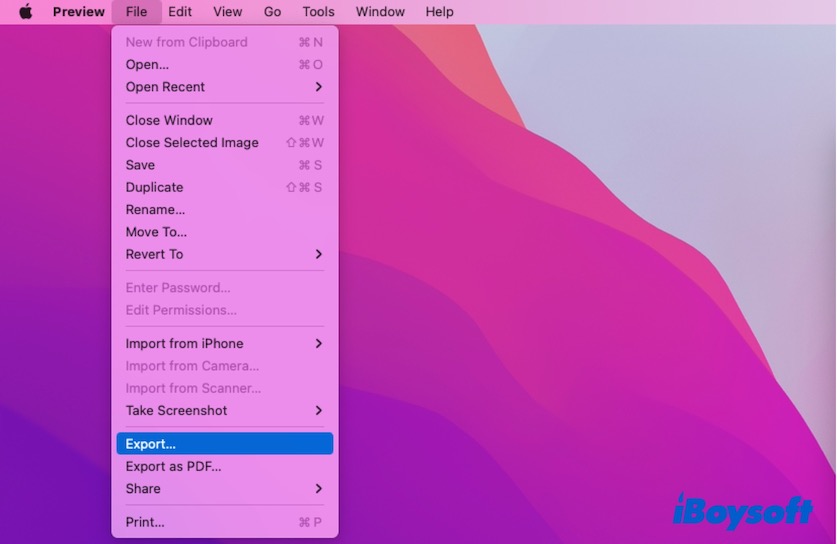 choose File and Export in Preview menu bar