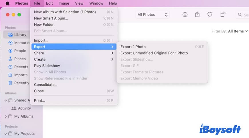 Bild mit Mac Fotos-Dateioption exportieren