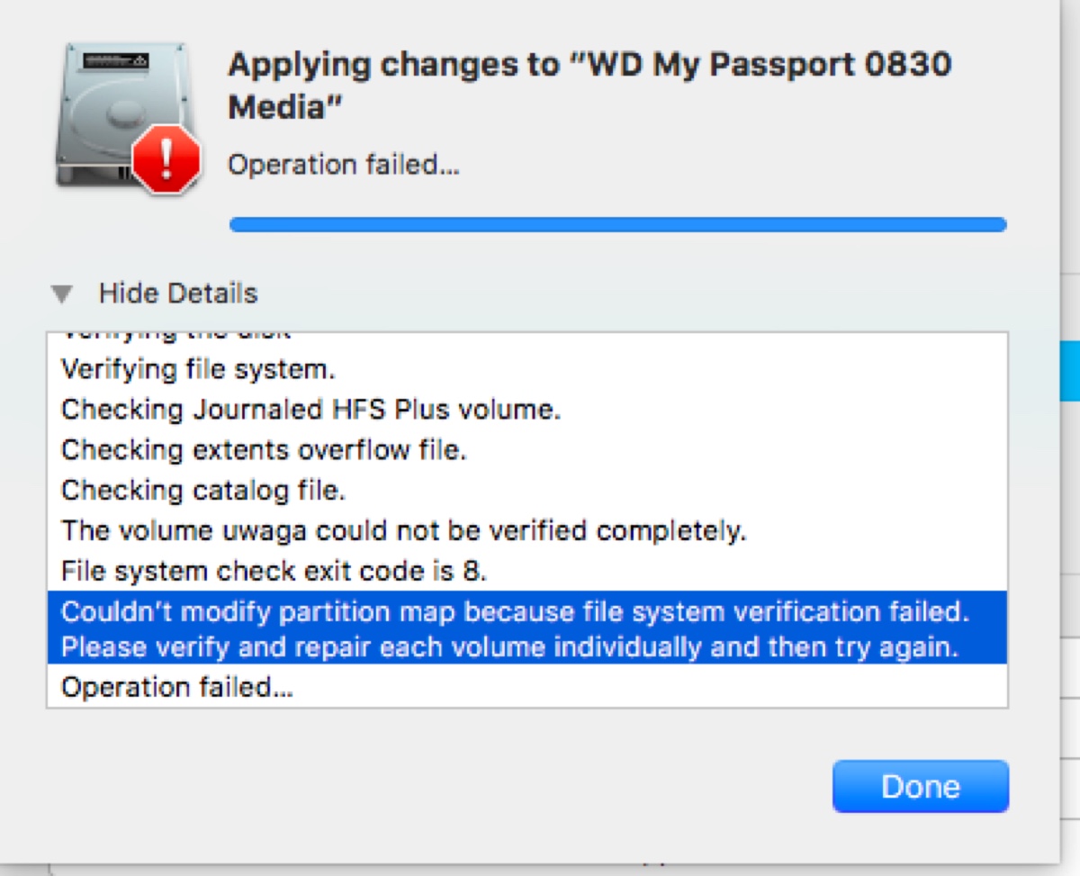 El error que dice no se pudo modificar el mapa de particiones porque la verificación del sistema de archivos falló