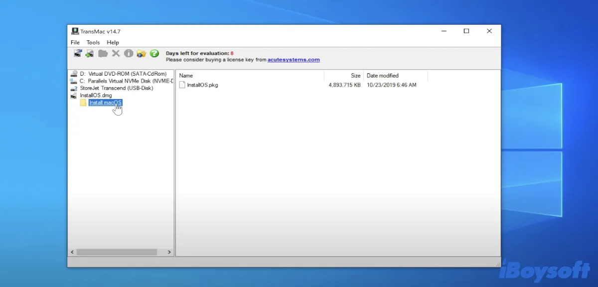 Arraste e solte o arquivo pkg de instalação do macOS para o seu desktop